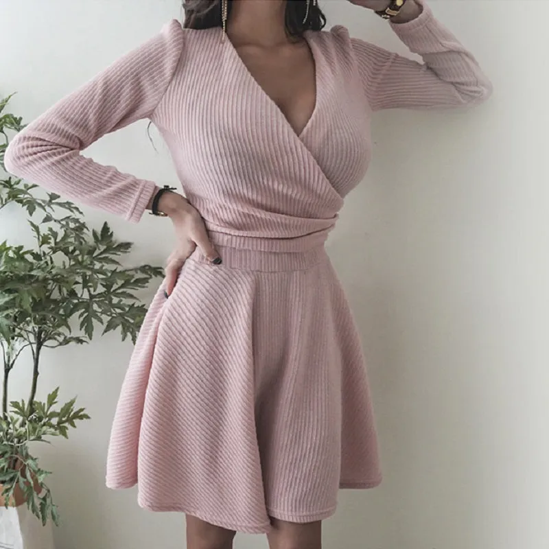 Women's Autumn/Winter Casual V-Neck High-Waist Sweater Dress