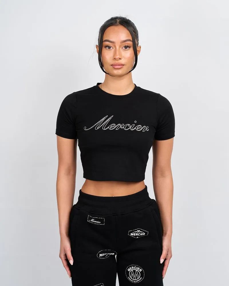 Womens Black Script Diamante Baby Tshirt