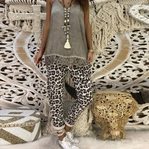Women's Casual Polyester Leopard Long Pants
