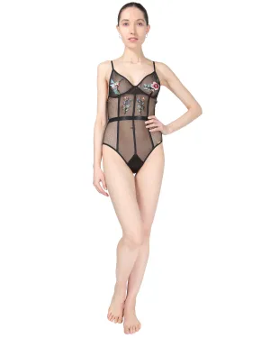 Women's Embroidered Mesh Hummingbird Floral Bodysuit