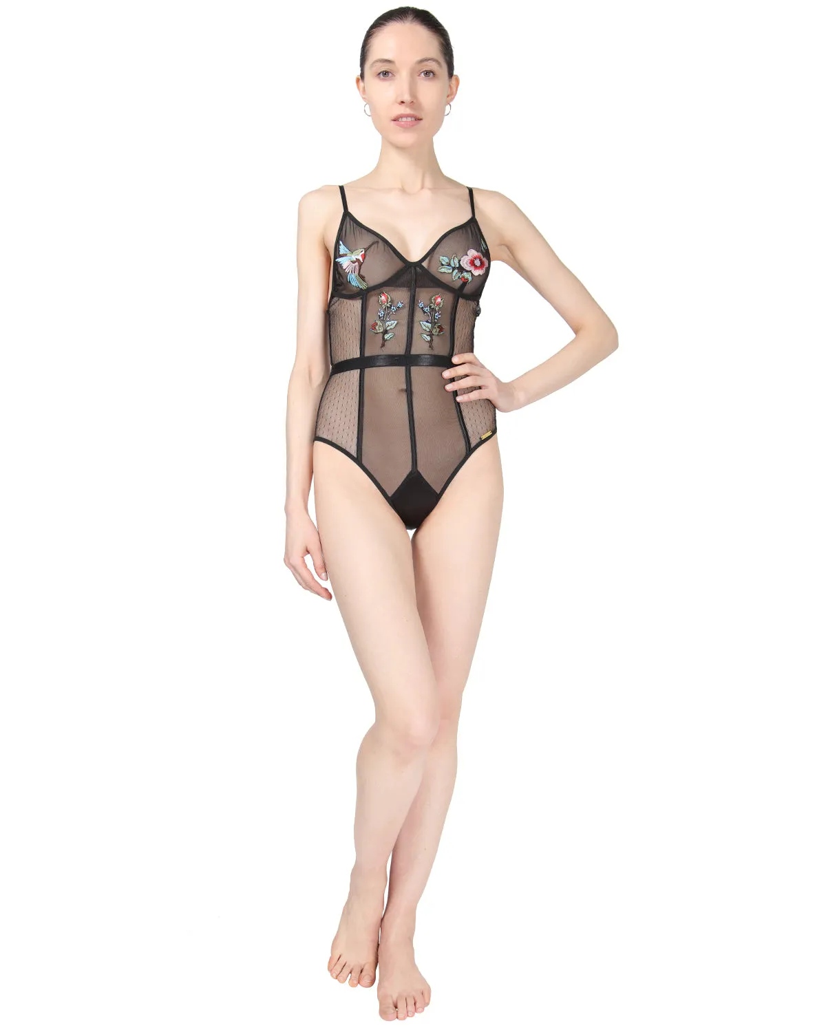 Women's Embroidered Mesh Hummingbird Floral Bodysuit