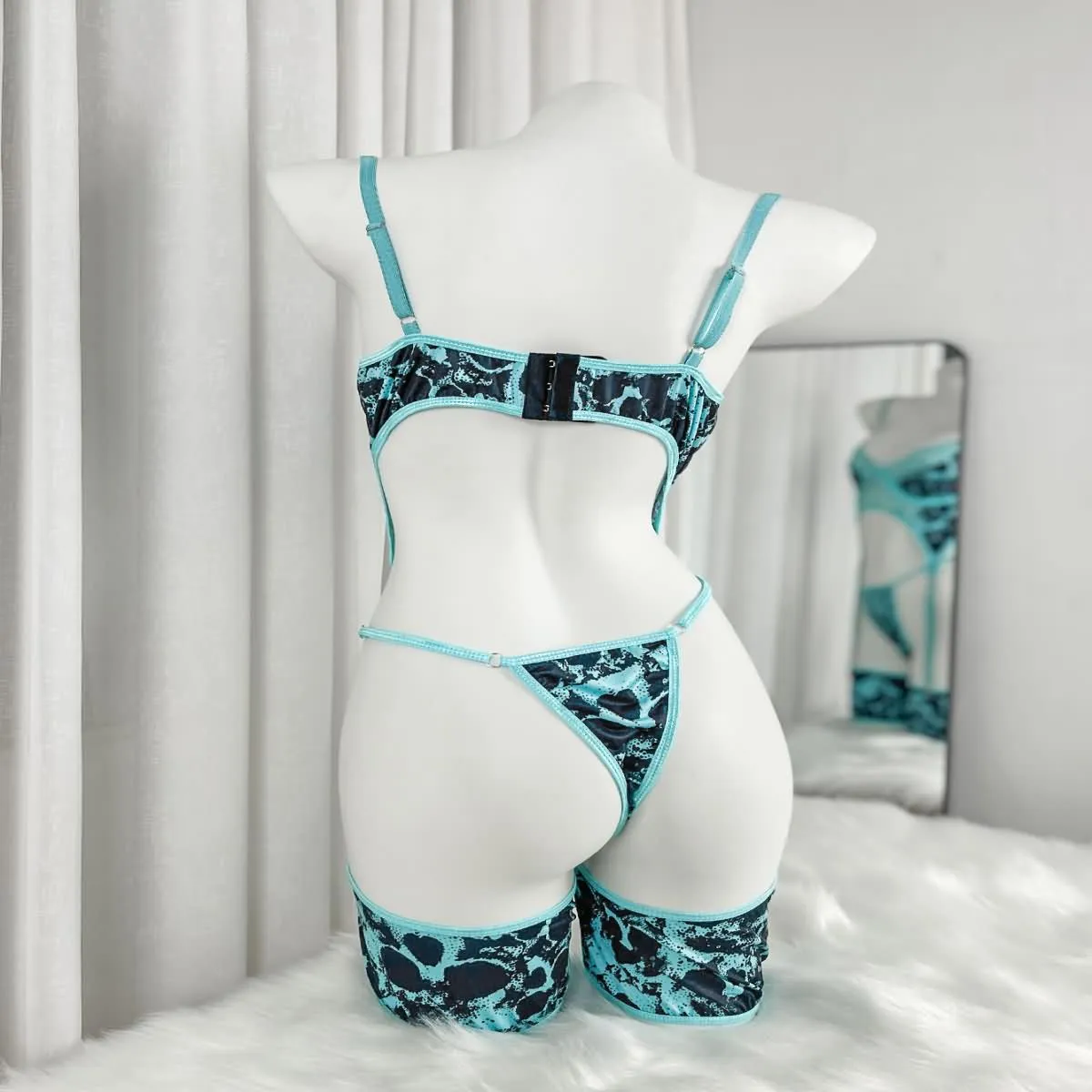 Women's Lace Lingerie Set, Turquoise Skull Mesh Bra and Panty Bodysuit Nightwear