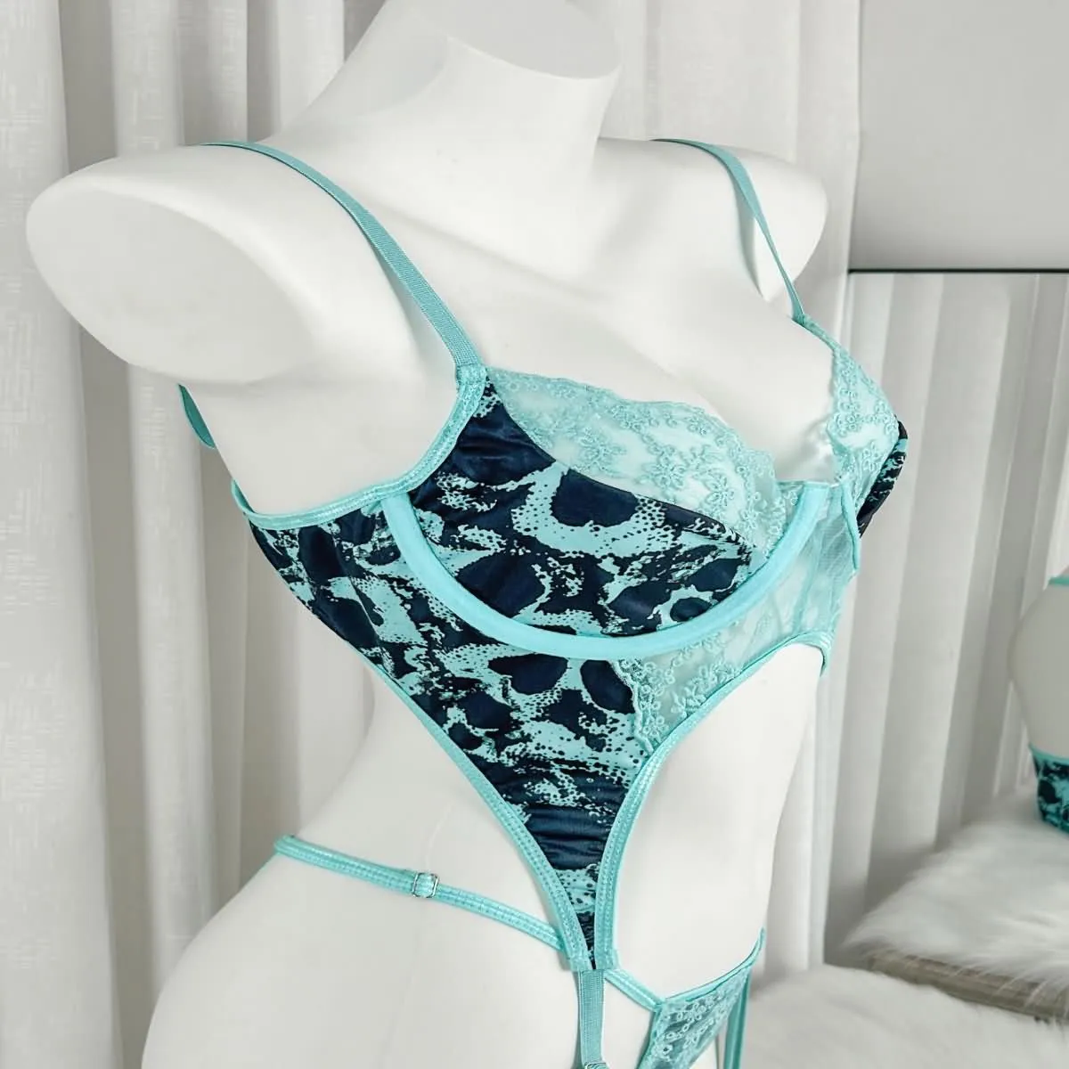Women's Lace Lingerie Set, Turquoise Skull Mesh Bra and Panty Bodysuit Nightwear