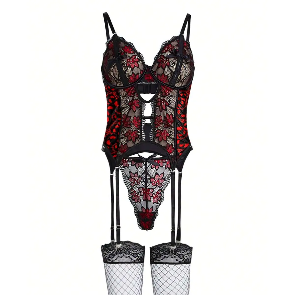 Women's Lingerie, Cheeky Nightmare Lace Bodysuit Sleepwear Garter Set