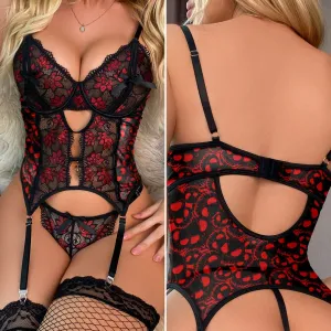 Women's Lingerie, Cheeky Nightmare Lace Bodysuit Sleepwear Garter Set