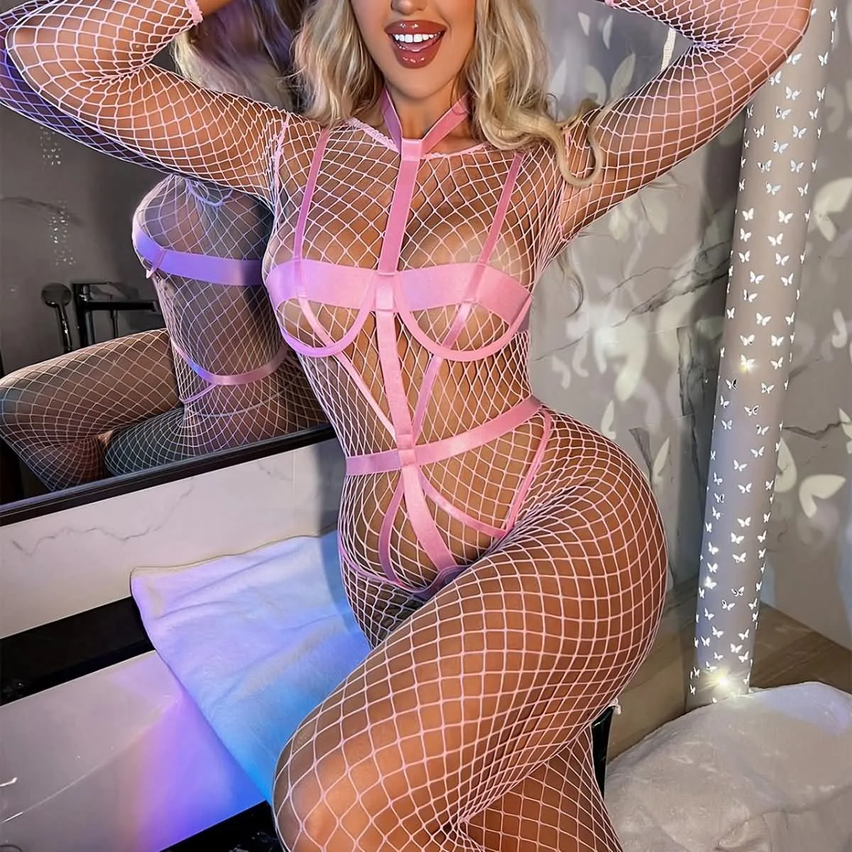 Women's Lingerie Set, Pink Chic Fishnet Stocking With Bodysuit