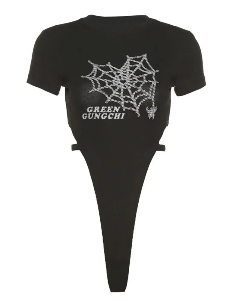 Women's Spiders and Letters Printed Short-sleeve Bodysuit