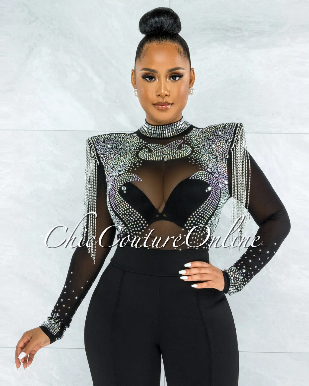 Yonce Ultra Luxe Embellished Padded Shoulders Bodysuit