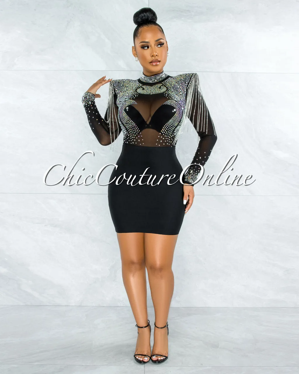 Yonce Ultra Luxe Embellished Padded Shoulders Bodysuit
