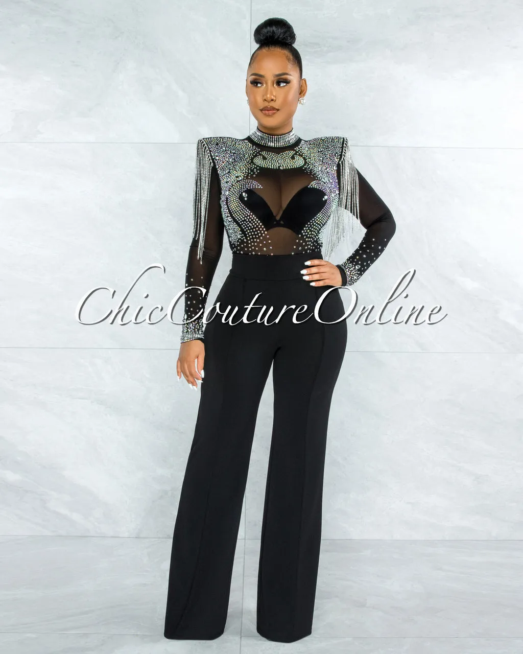 Yonce Ultra Luxe Embellished Padded Shoulders Bodysuit