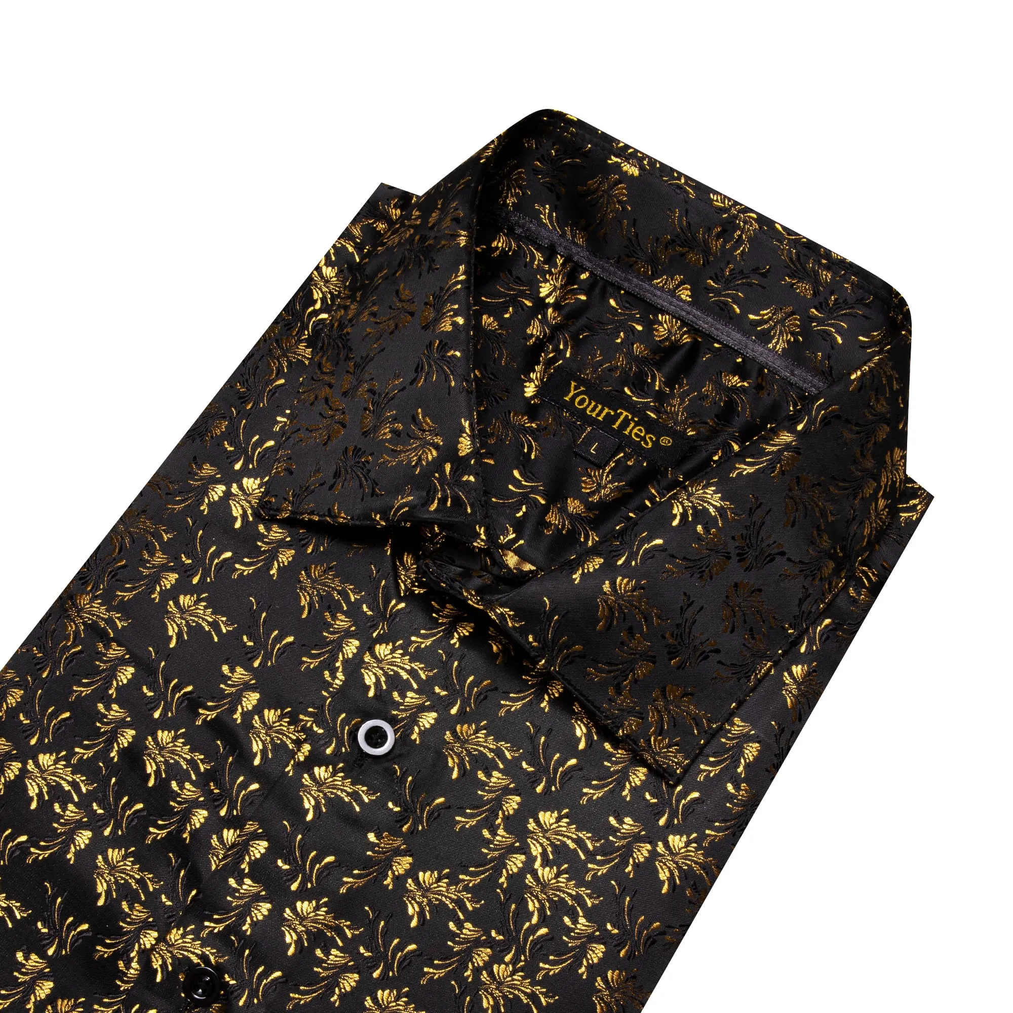 YourTies Black Men's Shirt Gold Jacquar Floral Shirt Silk Dress Shirt