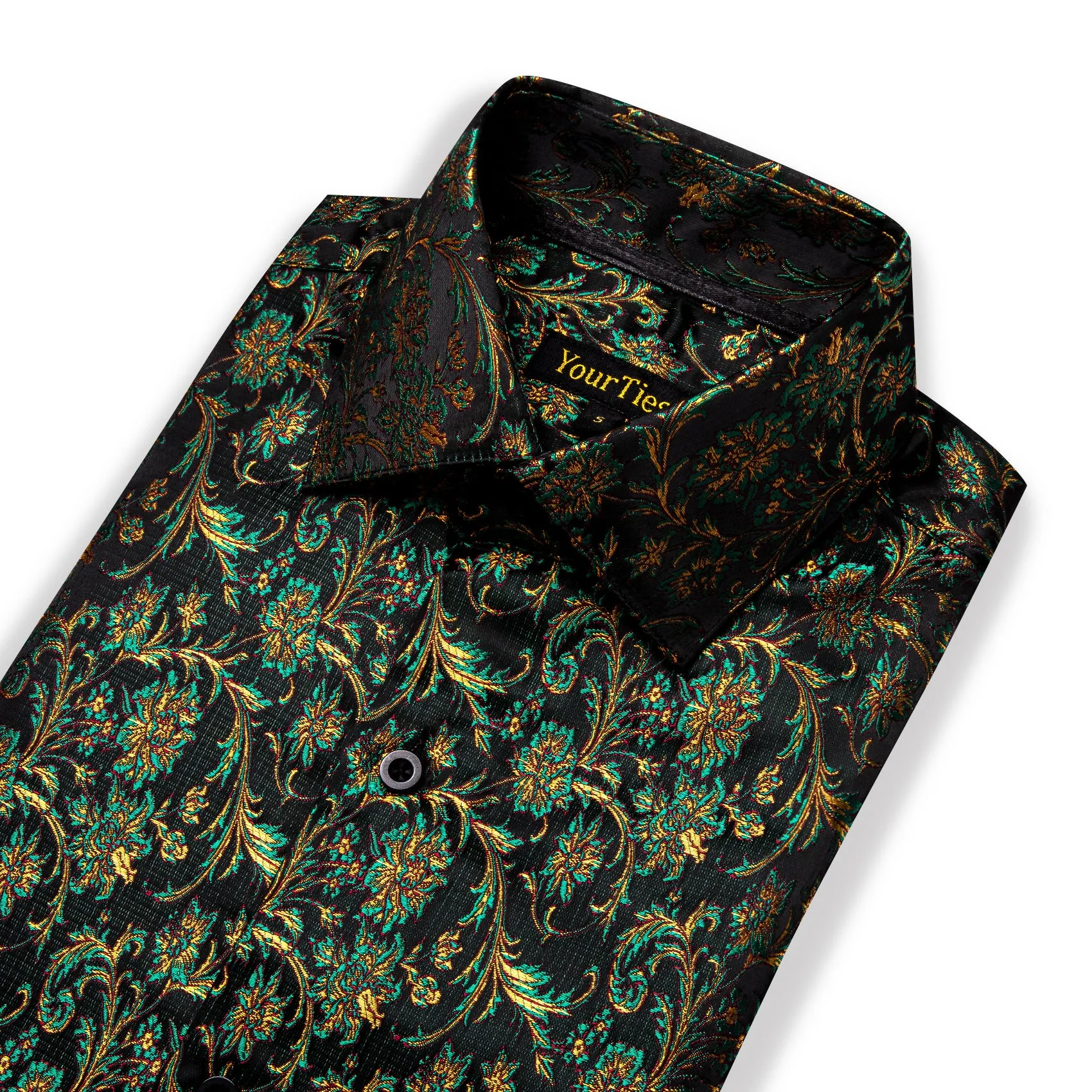 YourTies Floral Dress Shirt Golden Green Floral Mens Long Sleeve Shirt