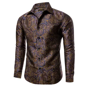 YourTies Long Shirt Brown Blue Yellow Jacquard Button Silk Dress Shirt